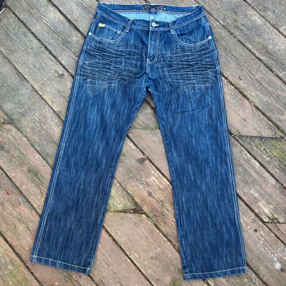 Southpole Mens Relaxed Straight Leg Jeans Dark Wash Whiskered Blue Size 34